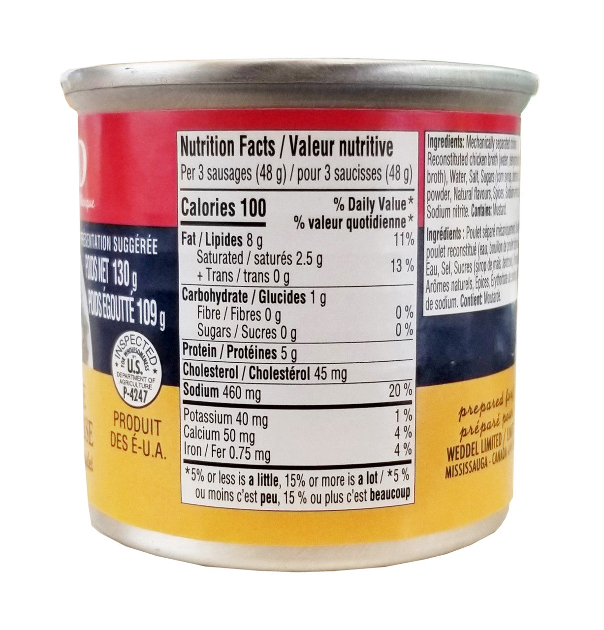 Hereford Vienna sausage in Chicken Broth, 130g/4.5 oz. Can (Imported from Canada)